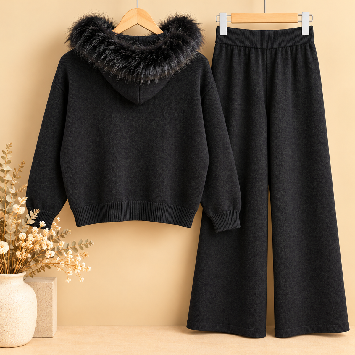 Conjunto de Punto Negro de Dos Piezas con Capucha y Pelo