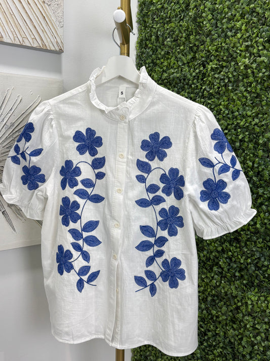 Camisa bordada flores Tisel azul