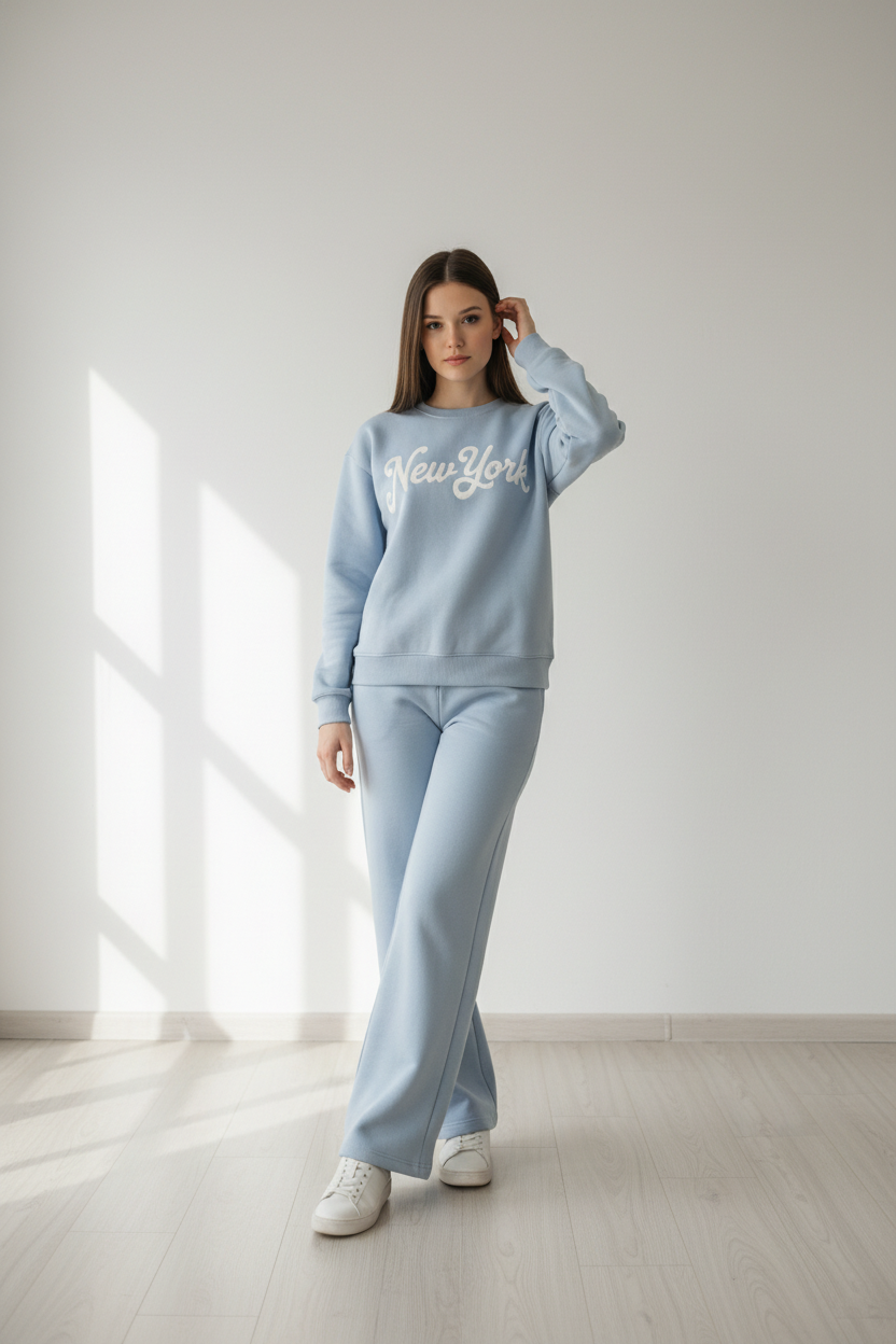 Chándal de Algodón de Dos Piezas con Pantalón Recto Celeste New York – Trapio