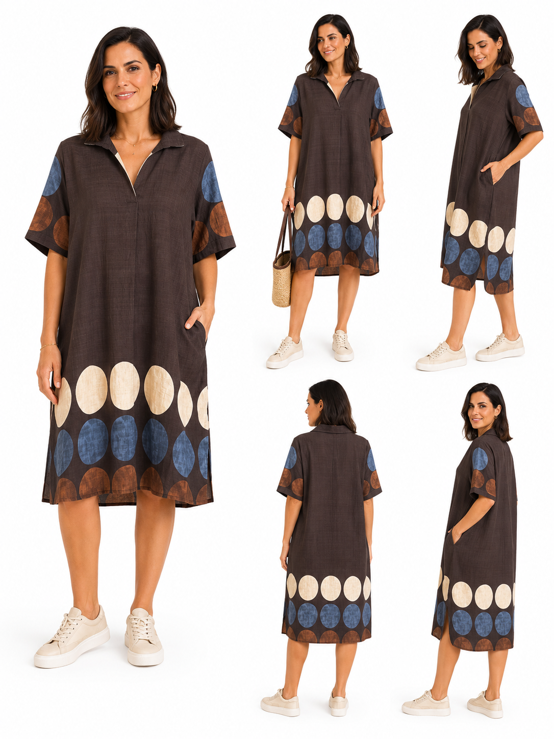 Vestido corto fluido marrón chocolate con lunares