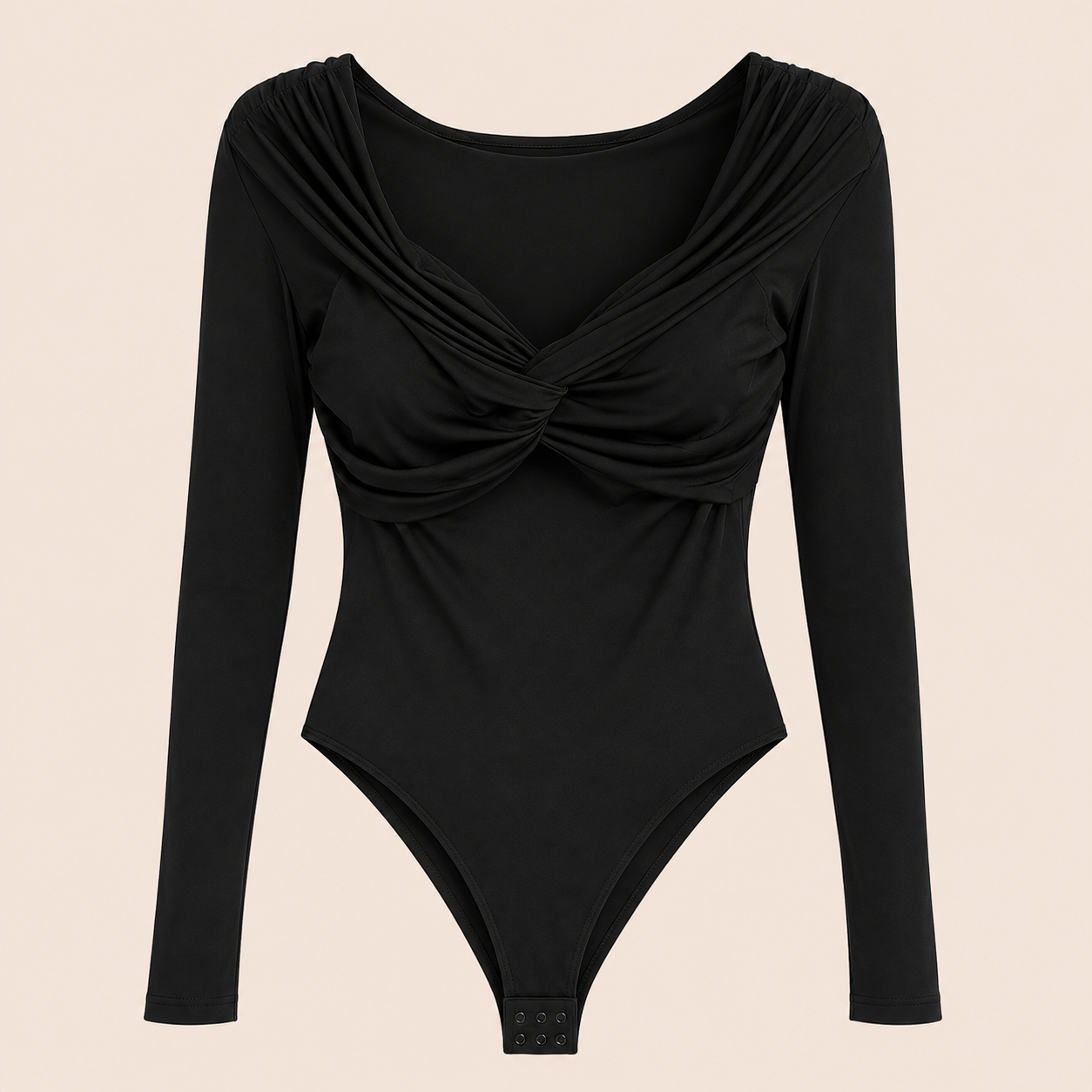 Body negro drapeado con escote cruzado y manga larga Trapio