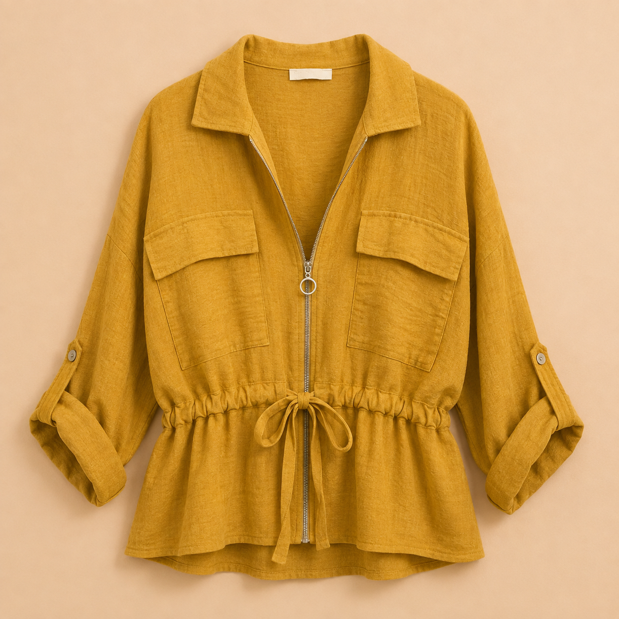 Chaqueta Mostaza con Bolsillos y Cintura Ajustable Trapio