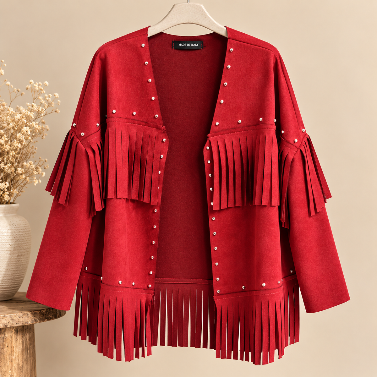 Chaqueta Granate con Flecos y Tachuelas