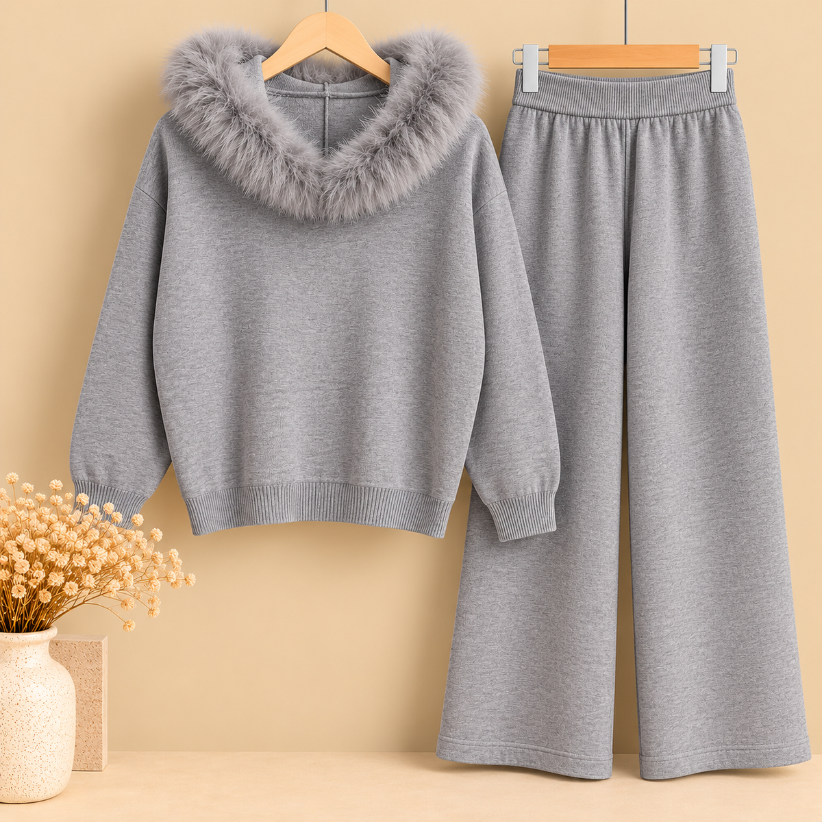Conjunto de Punto Gris de Dos Piezas con Capucha y Pelo