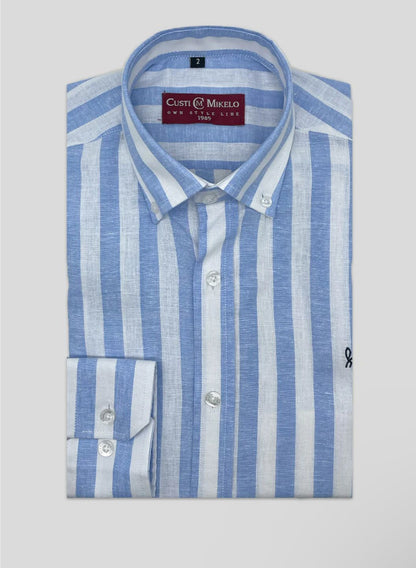 Camisa rayas lino hombre Custi Mikelo celeste