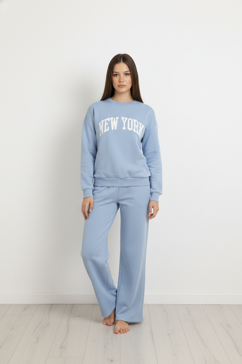 Chándal de Algodón de Dos Piezas con Pantalón Recto  Celeste New York – Trapio