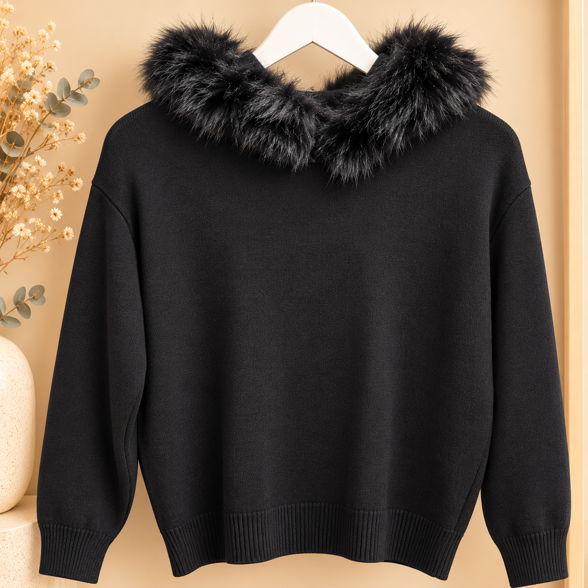 Conjunto de Punto Negro de Dos Piezas con Capucha y Pelo