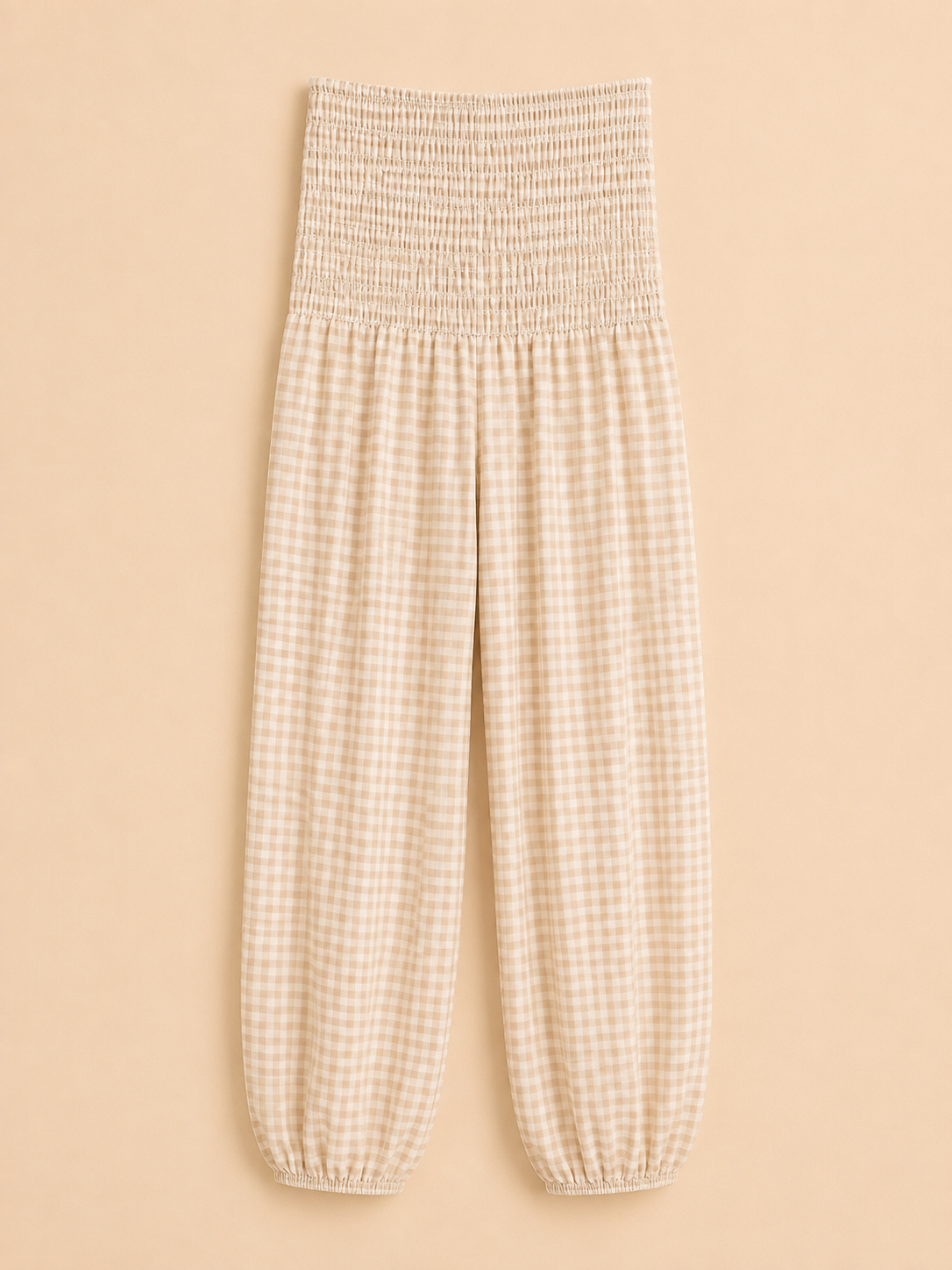 Pantalón Vichy Beige con Cintura Fruncida Trapio