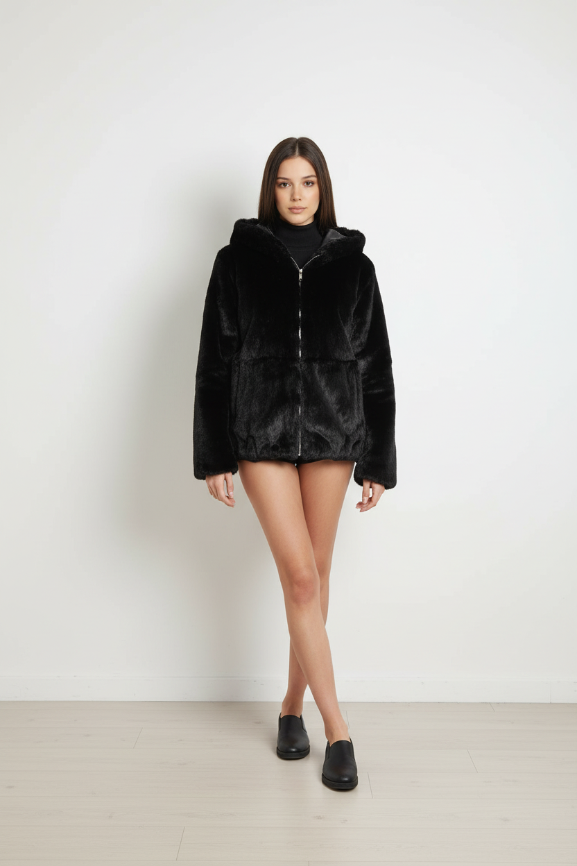 CHAQUETA DE PELO SINTÉTICO oscura TIPO BOMBER CON CREMALLERA Y GORRO – MUJER trapío