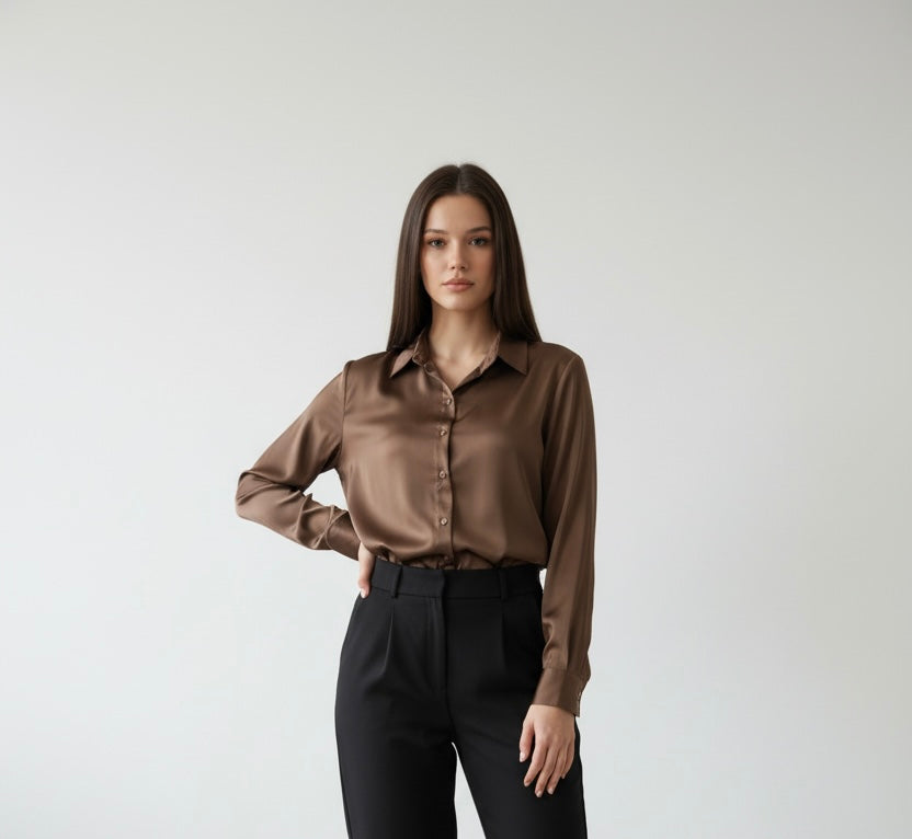 Camisa satén marrón
