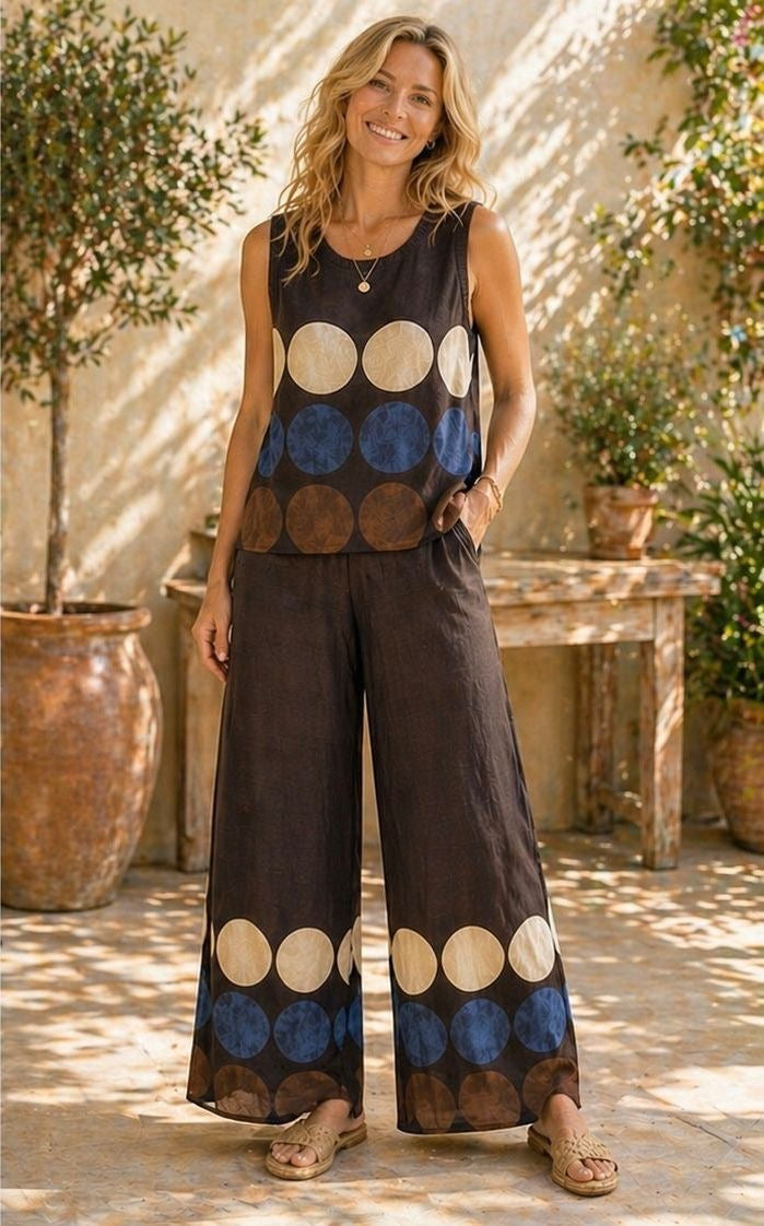 Pantalón fluido marrón chocolate con lunares