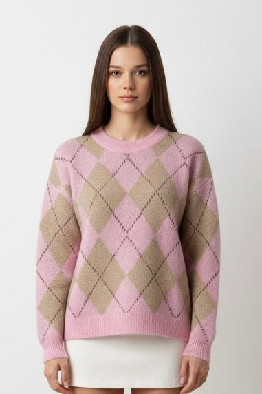 Jersey de Mujer de Lana con Dibujo de Rombos en Tono Rosa – Trapio