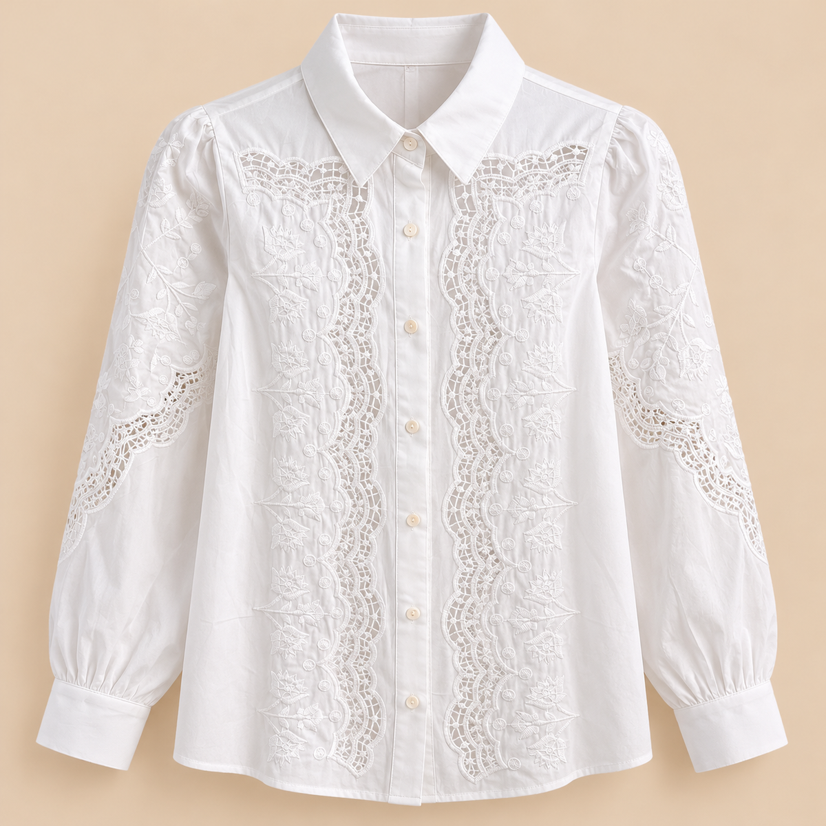 Camisa Blanca de Algodón con Bordados y Encaje