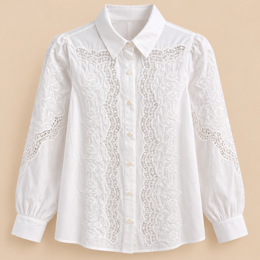 Camisa Blanca de Algodón con Bordados y Encaje