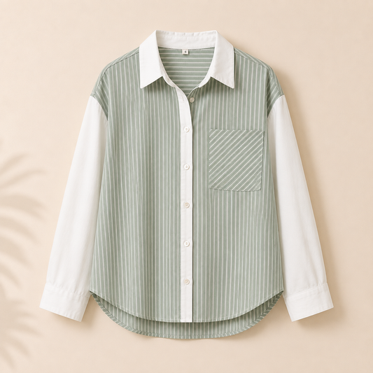 Camisa de mujer de rayas verticales verde salvia y blanco con cuello camisero y bolsillo delantero Trapío