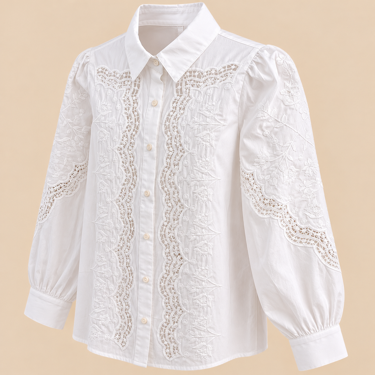 Camisa Blanca de Algodón con Bordados y Encaje