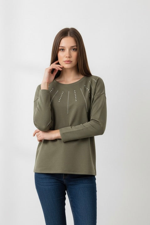 Sudadera de Mujer Verde Militar con Perlas y Brillos en el Pecho – Trapio