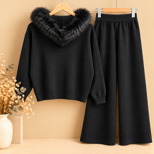 Conjunto de Punto Negro de Dos Piezas con Capucha y Pelo