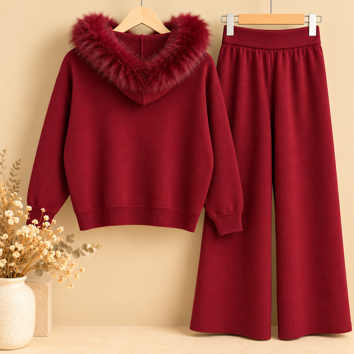 Conjunto de Punto Granate de Dos Piezas con Capucha y Pelo