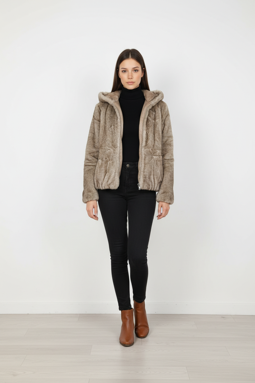 CHAQUETA DE PELO SINTÉTICO Beig TIPO BOMBER CON CREMALLERA Y GORRO – MUJER  Trapío