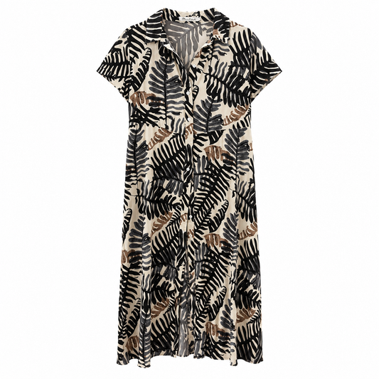 Vestido Largo Tropical Camisero Beige y Negro Trapío