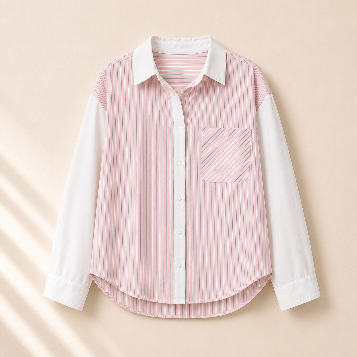 Camisa de mujer de rayas verticales rosa empolvado y blanco con cuello camisero, manga larga y bolsillo delantero Trapío
