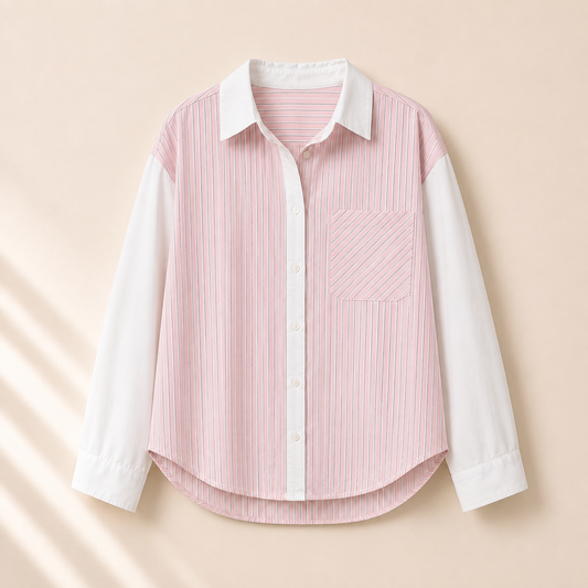 Camisa de mujer de rayas verticales rosa empolvado y blanco con cuello camisero, manga larga y bolsillo delantero Trapío