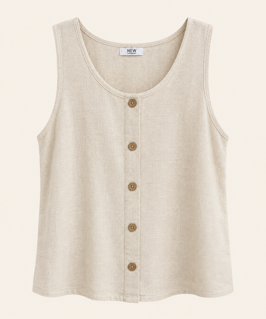 Top de lino beige con botones de madera – Trapio