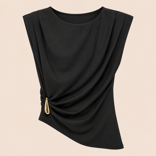 Blusa negra drapeada con detalle dorado Trapio