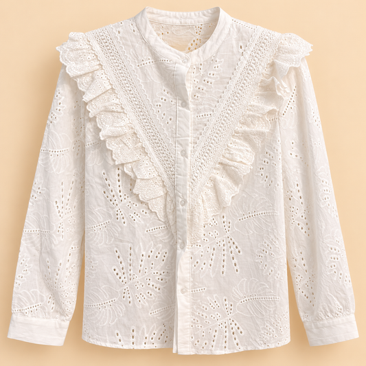 Camisa Blanca Bordada con Volantes y Encaje Calado